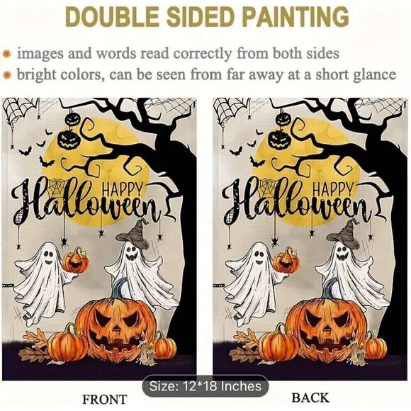 Halloween Garden Flag Printed, Linen, Outdoor “Happy Halloween” Size 18”x 12” - Picture 2 of 5